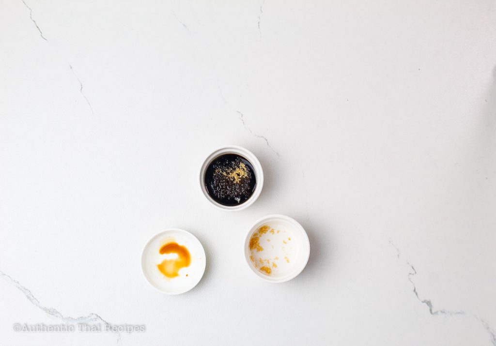 oyster mushroom sauce, soy sauce, and brown sugar in different small bowl