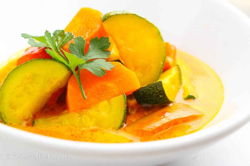 Close up shot of the Vegan Panang Curry in a white bowl 