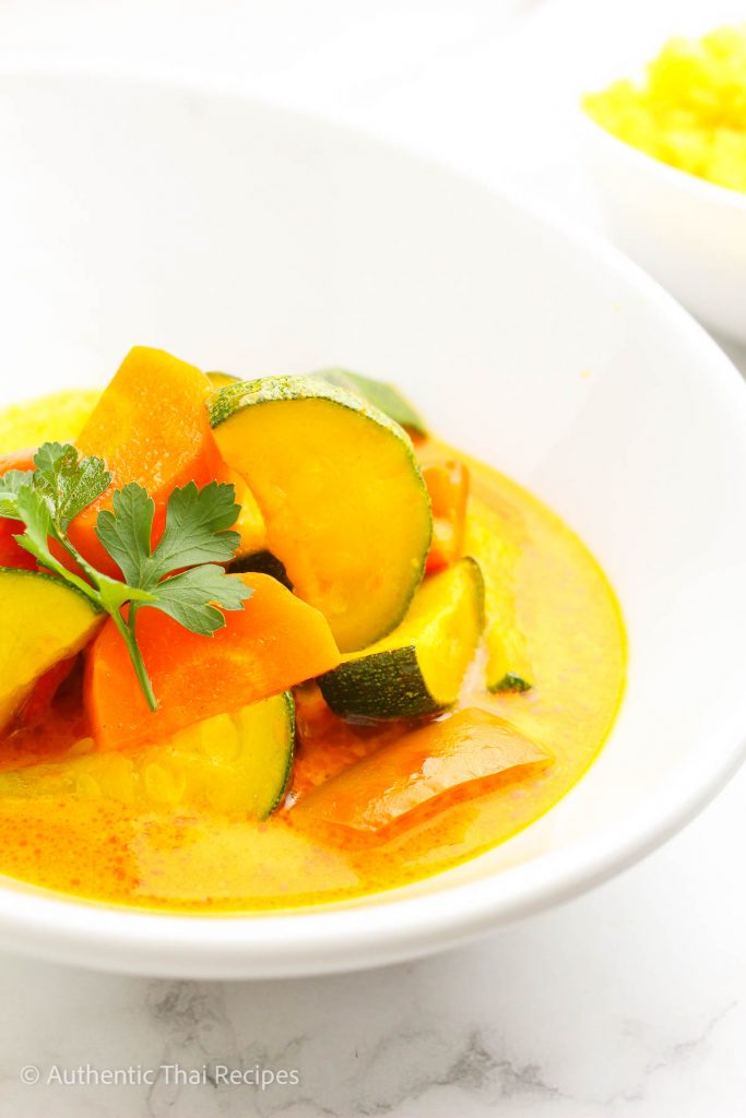 Vegan Panang Curry in a white bowl garnished with cilantro