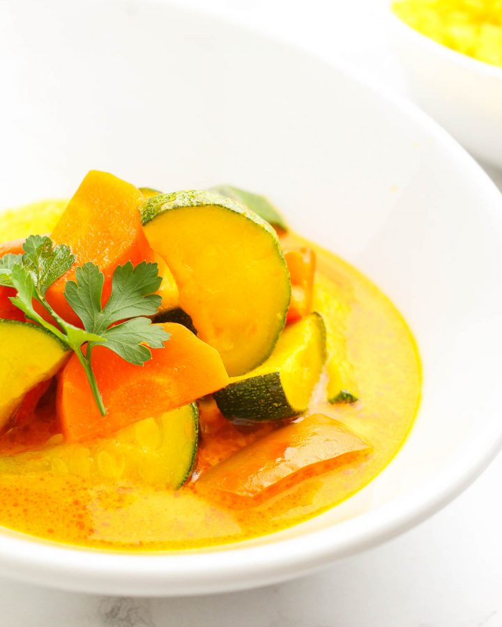 Vegan Panang Curry in a white bowl