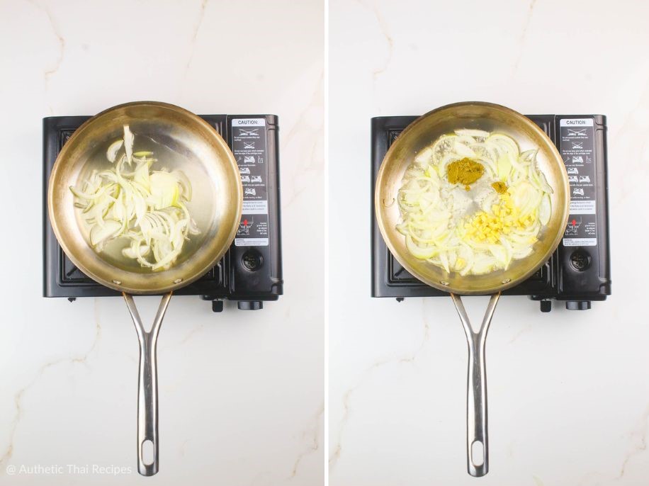 side-by-side photo of cooked onions, ginger, and Thai green curry paste in a frying pan