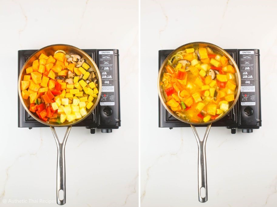 side-by-side photo of vegetables sautéed and then simmered in vegetable broth in a frying pan