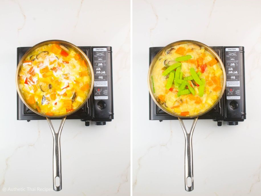 side-by-side photo of thai green curry with coconut milk and then topped with snow peas in a frying pan