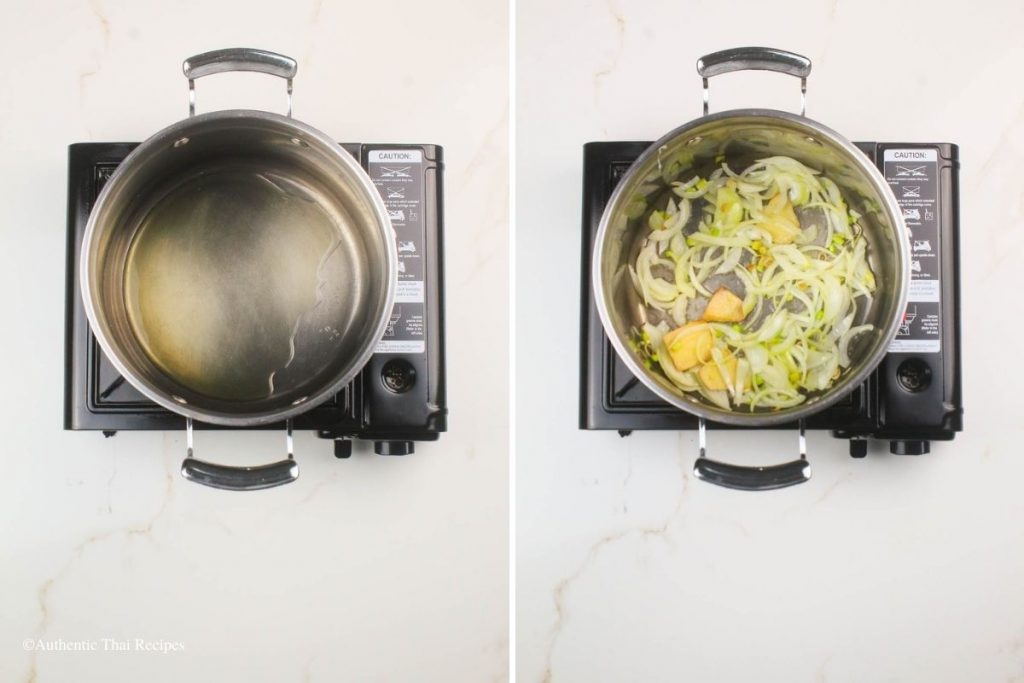 side-by-side picture of vegetable oil heated in a pot and red onions and sautéed lemongrass, sweet onions, and sliced ginger