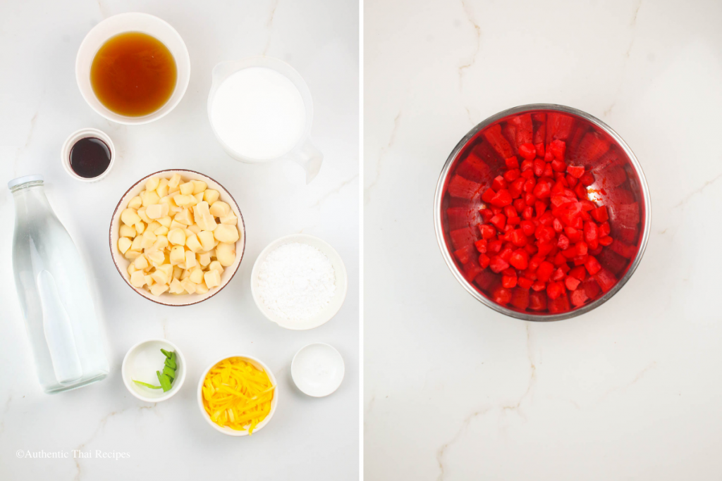 side-by-side photo of rubies with coconut dessert ingredients and chestnuts with food red coloring on a marble table