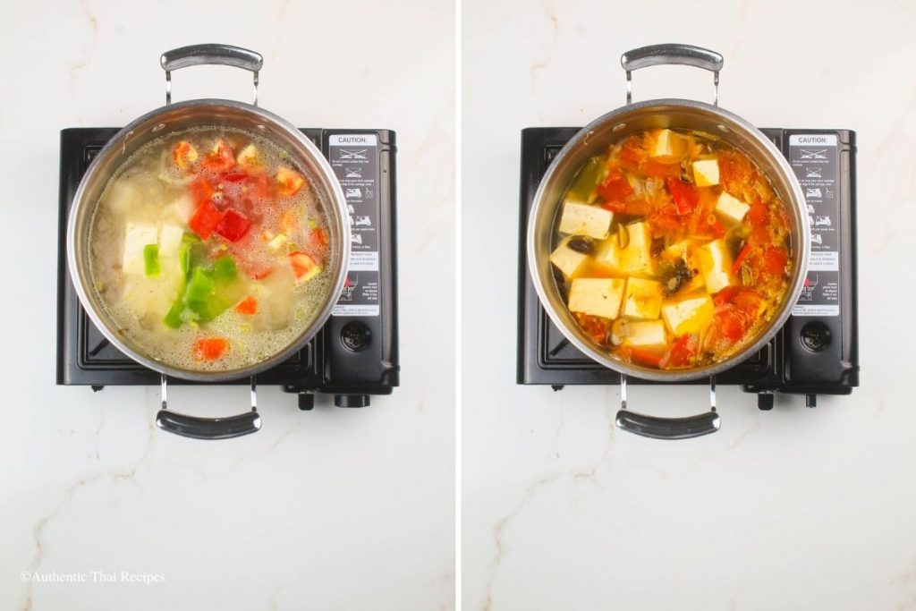 side-by-side photo of cooking veggies of the soup with broth in a pot