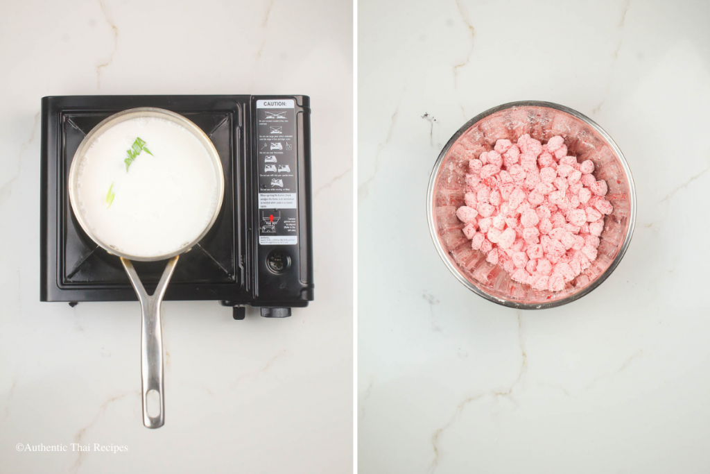side-by-side photo of simmered coconut sauce in a pot and rubies sprinkled with tapioca starch on a marble table