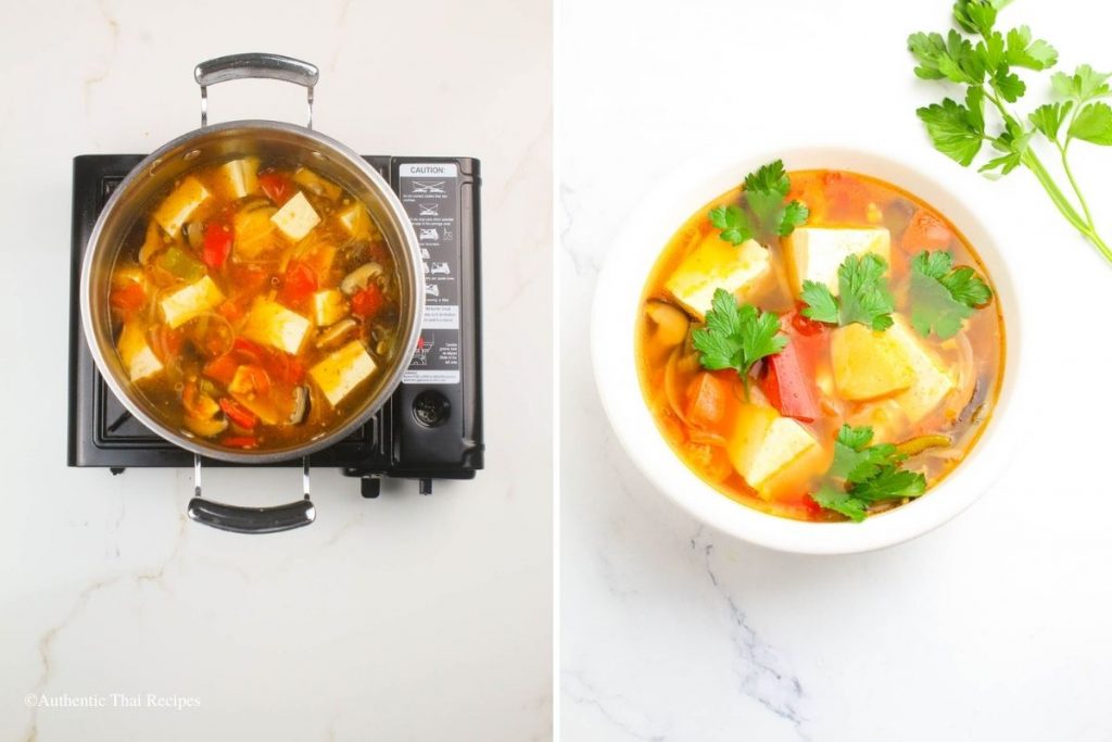 side-by-side photo of cooking soup in a pot and then  served in a bowl on a white table garnished with cilantro