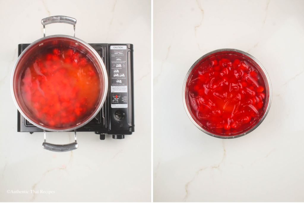 side-by-side photo of boiled rubies in a pot and rubies in an iced bath in a bowl on a marble table
