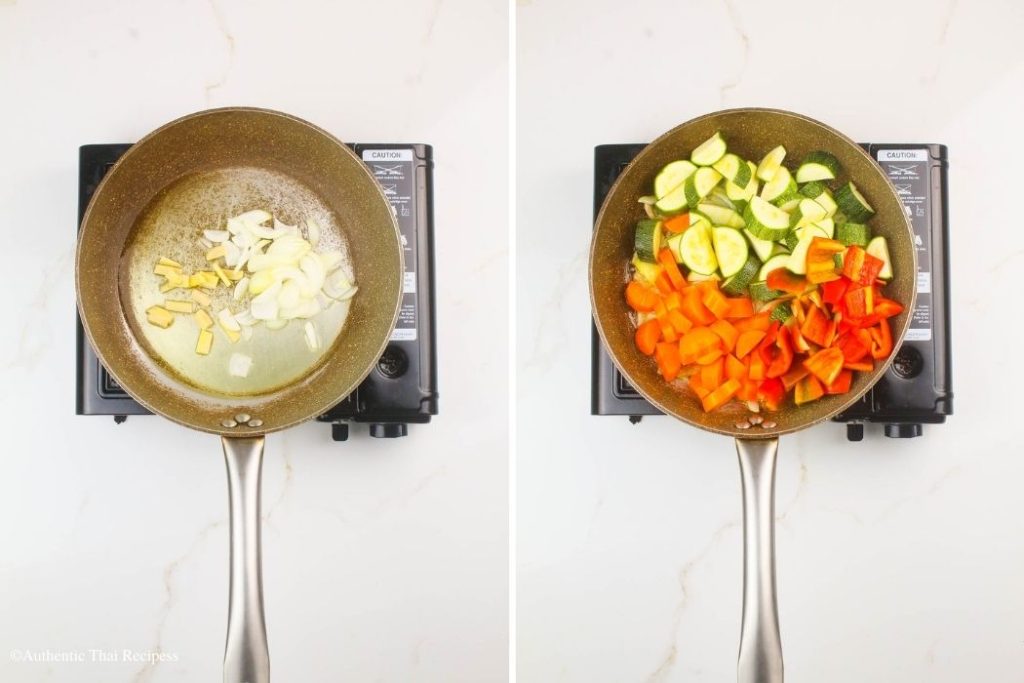 Onions and ginger on stove with vegetables
