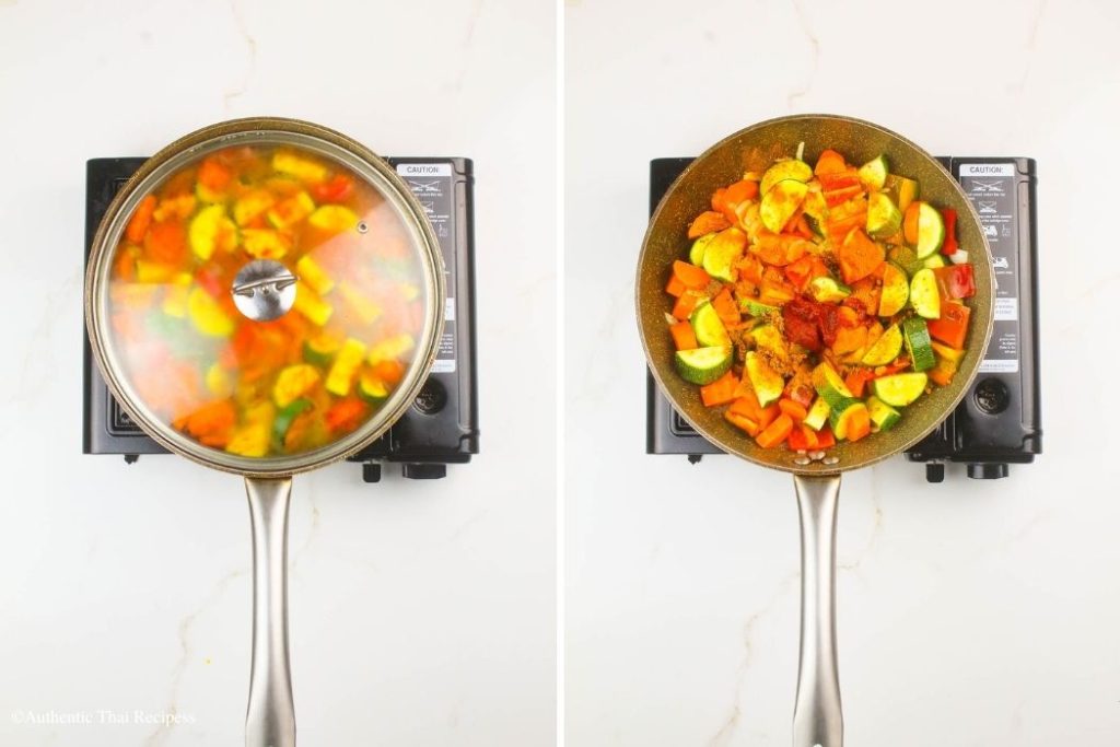 Vegan Panang Curry cooking on a stove with a lid
