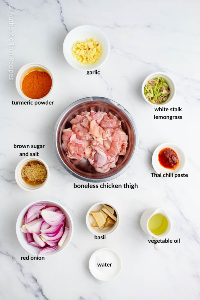 Chicken Satay ingredients in white bowls