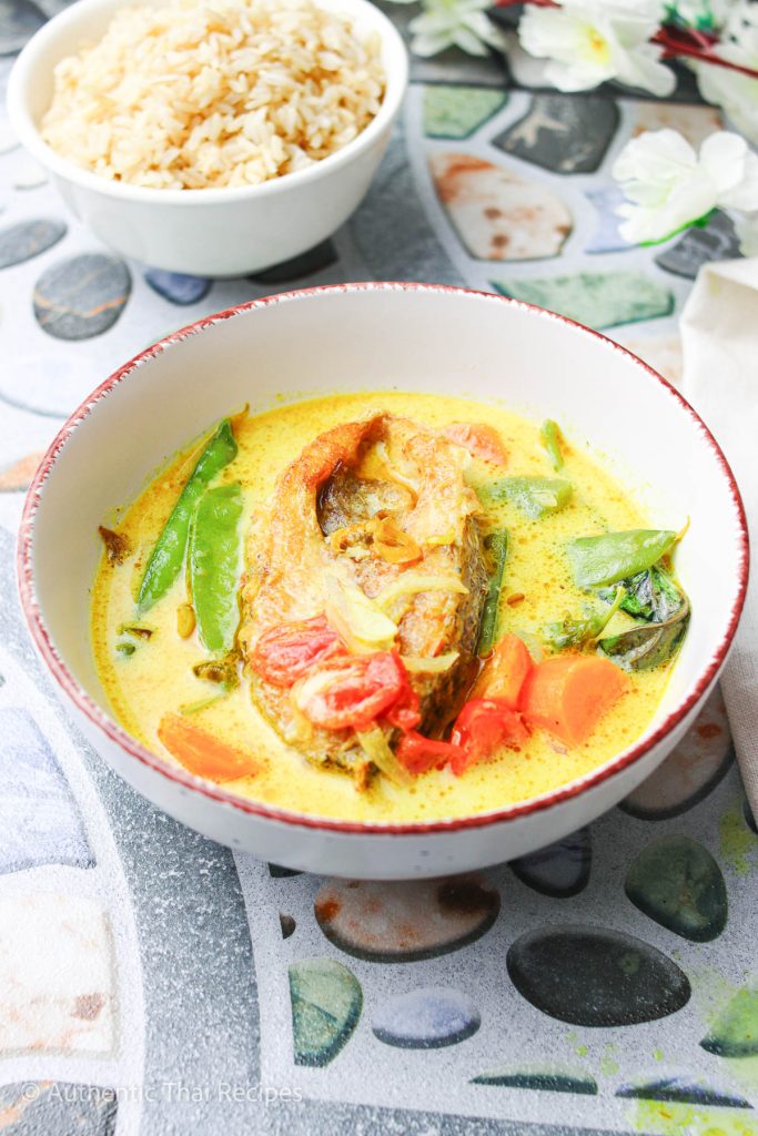 Thai Fish Curry in a white bowl