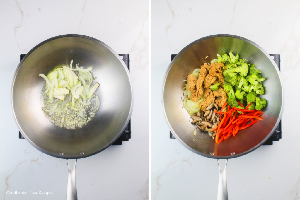Vegan meat and other ingredients sautéed in the pan